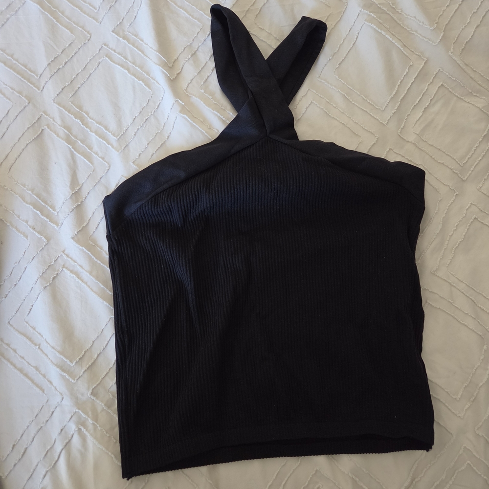 Black Ribbed Cross-Strap Halter Tank Top